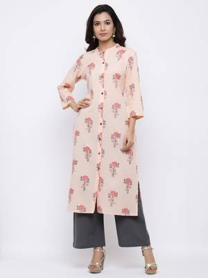 Women's Peach  Cotton Floral Print Straight Kurta & Palazzo Set 1