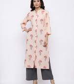 Women's Peach  Cotton Floral Print Straight Kurta & Palazzo Set