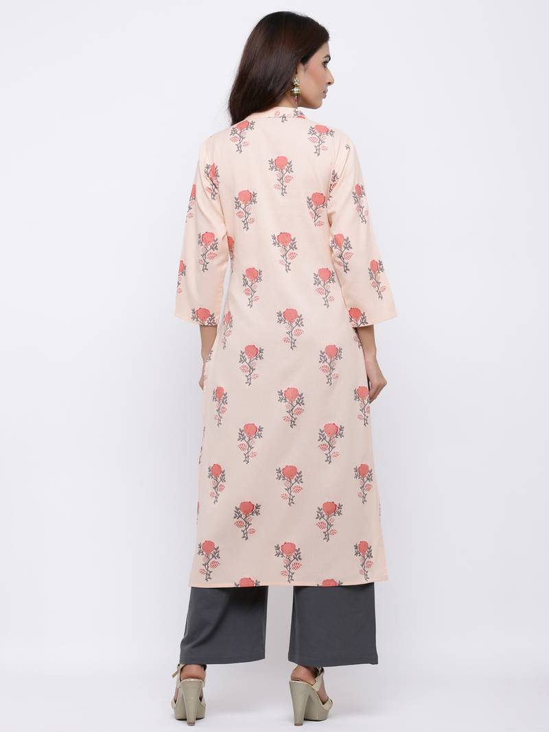 Women's Peach  Cotton Floral Print Straight Kurta & Palazzo Set