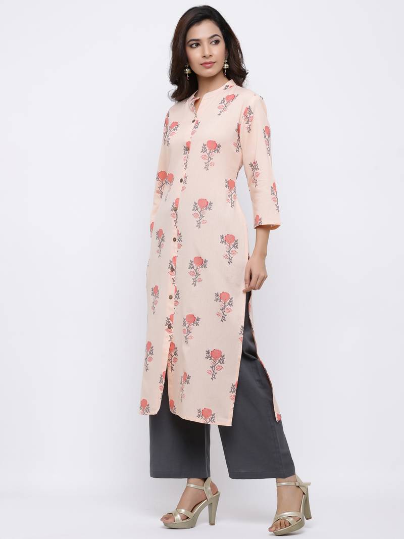 Women's Peach  Cotton Floral Print Straight Kurta & Palazzo Set