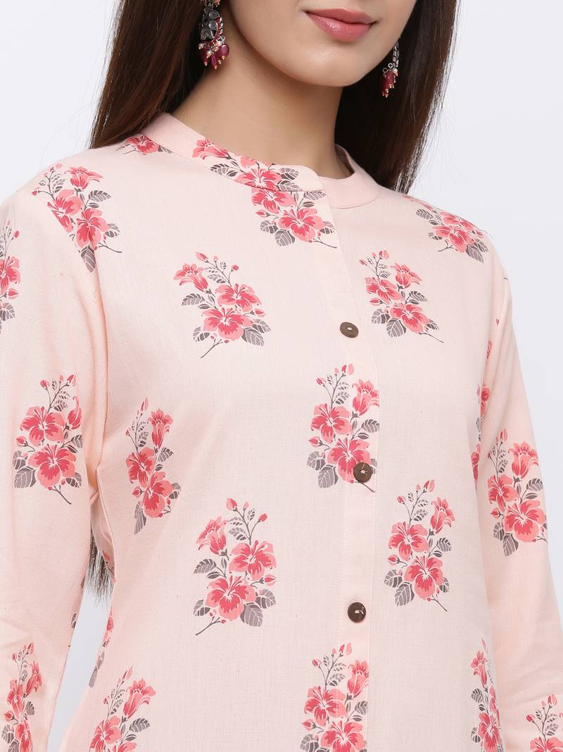 Women's Peach  Cotton Floral Print Straight Kurta & Palazzo Set