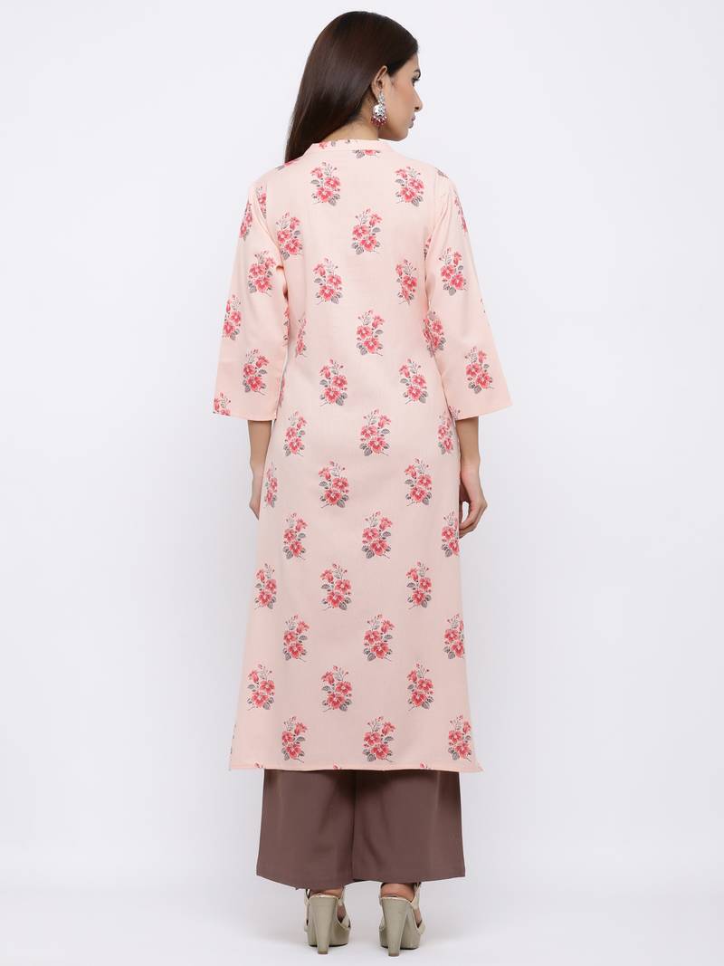 Women's Peach  Cotton Floral Print Straight Kurta & Palazzo Set
