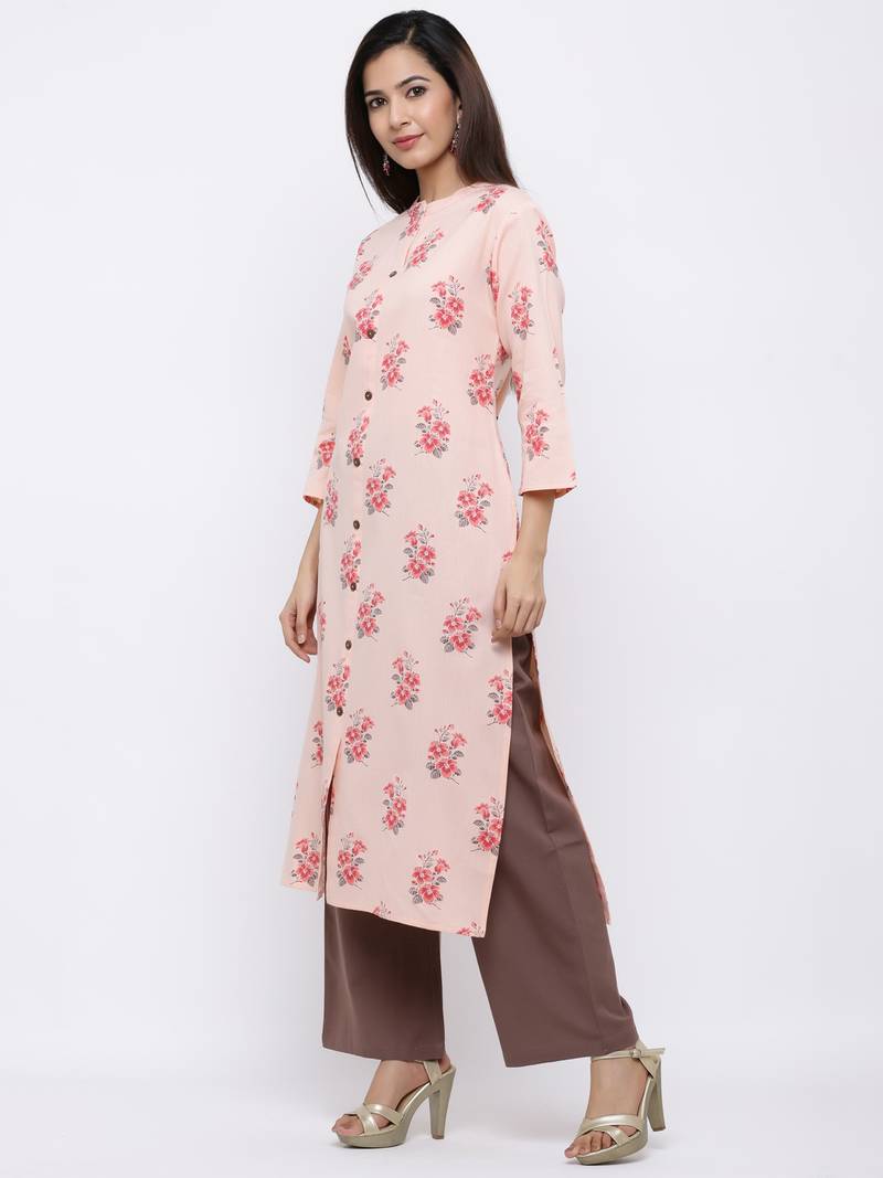 Women's Peach  Cotton Floral Print Straight Kurta & Palazzo Set