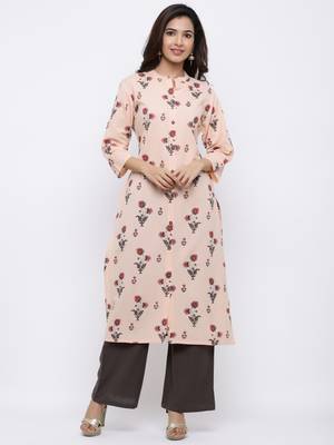 Women's Light peach  Cotton Flex Floral Print Straight Kurta & Palazzo Set 1