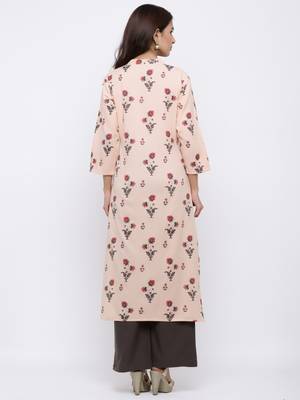 Women's Light peach  Cotton Flex Floral Print Straight Kurta & Palazzo Set 3