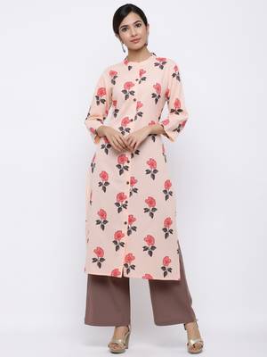 Women's Peach  Cotton Flex Floral Print Straight Kurta & Palazzo Set 1