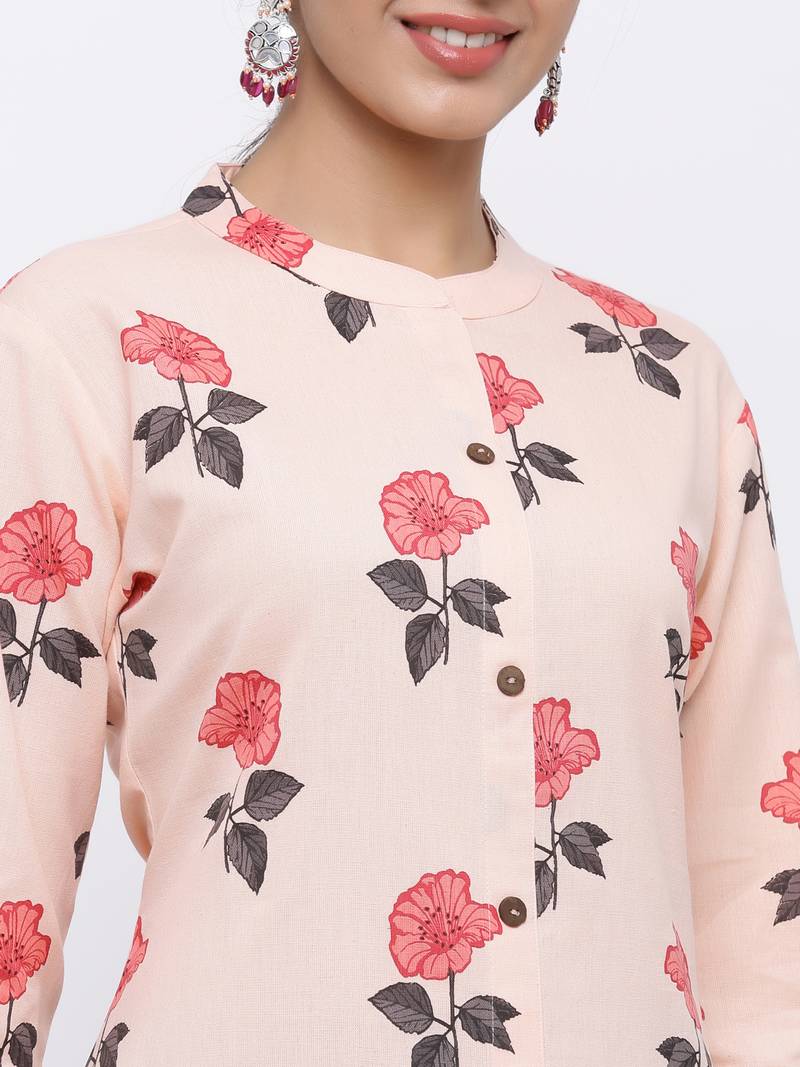 Women's Peach  Cotton Flex Floral Print Straight Kurta & Palazzo Set