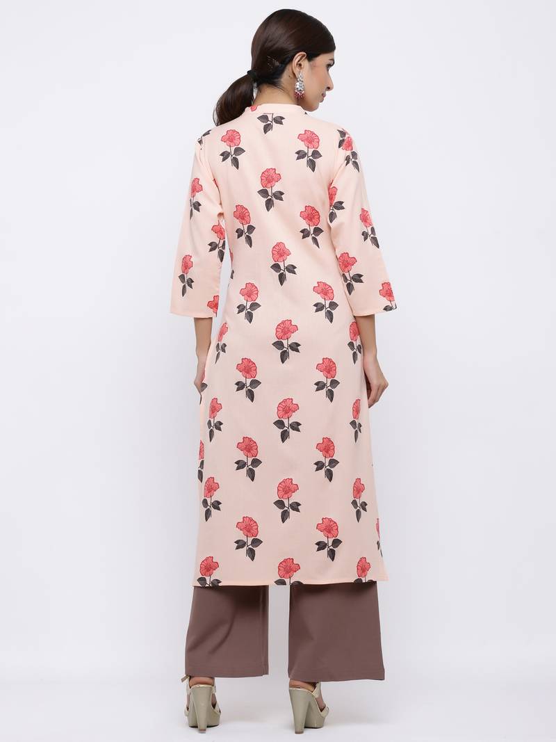 Women's Peach  Cotton Flex Floral Print Straight Kurta & Palazzo Set