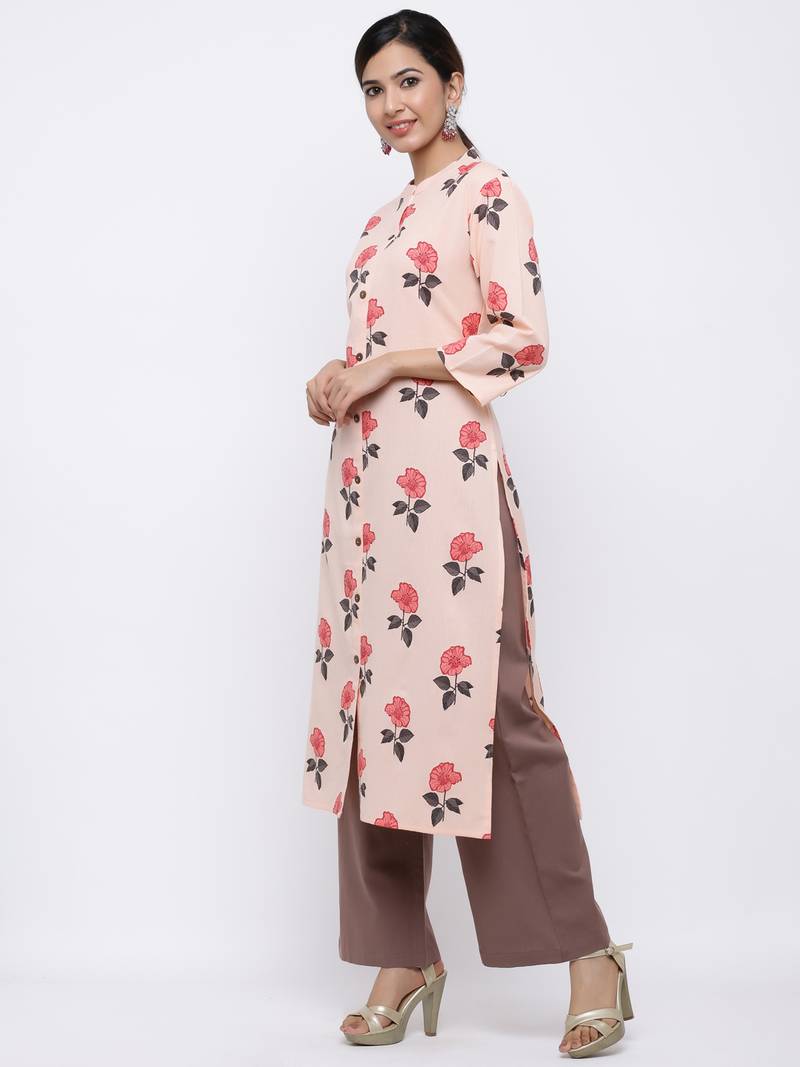 Women's Peach  Cotton Flex Floral Print Straight Kurta & Palazzo Set