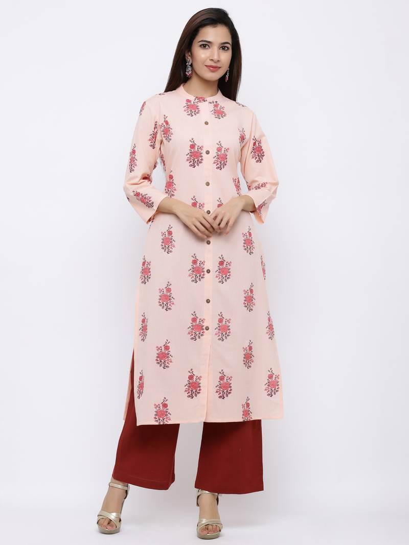 Women's Peach  Cotton Floral Print Straight Kurta & Palazzo Set
