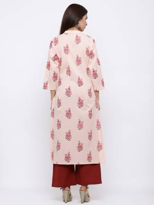 Women's Peach  Cotton Floral Print Straight Kurta & Palazzo Set 3