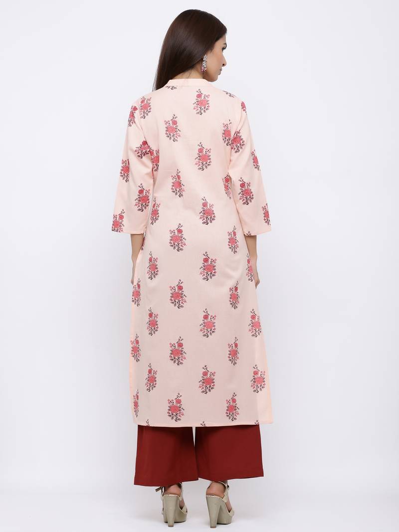 Women's Peach  Cotton Floral Print Straight Kurta & Palazzo Set