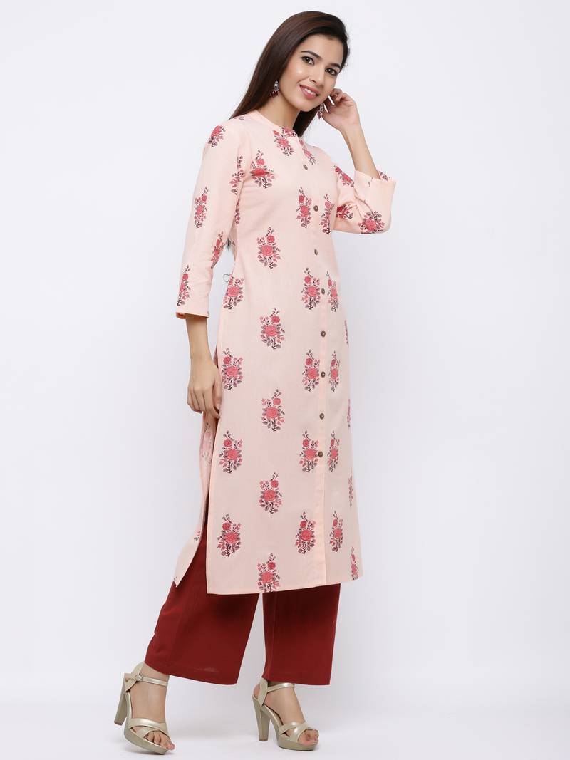 Women's Peach  Cotton Floral Print Straight Kurta & Palazzo Set