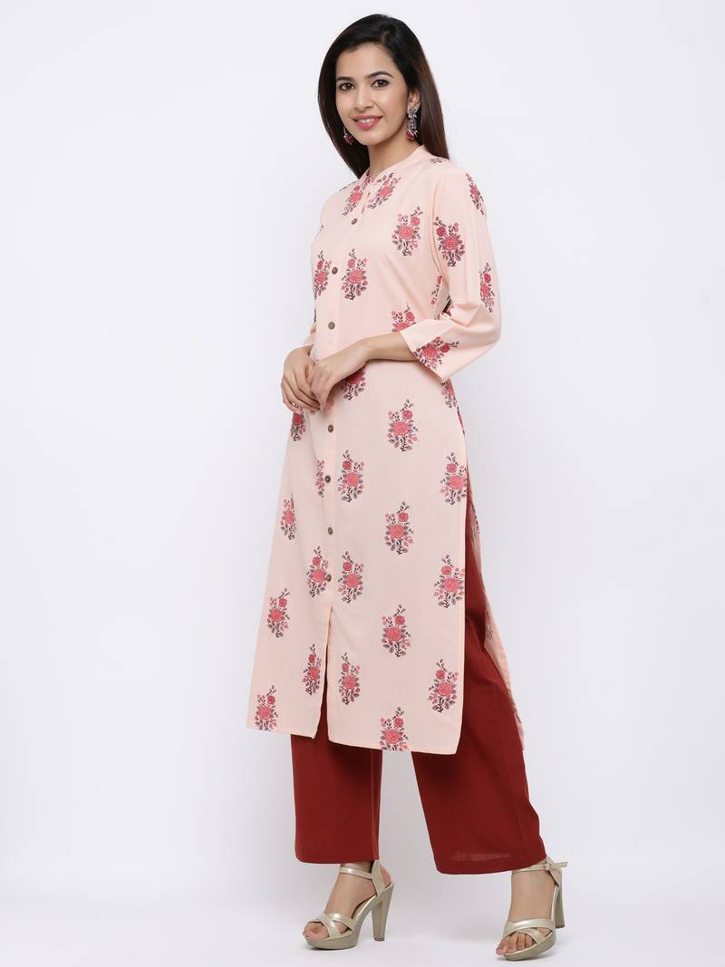 Women's Peach  Cotton Floral Print Straight Kurta & Palazzo Set