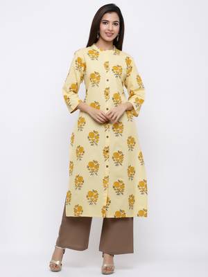 Women's Yellow  Cotton Floral Print Straight Kurta & Palazzo Set 1