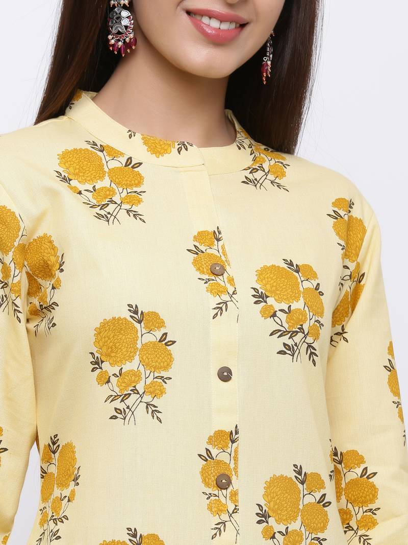 Women's Yellow  Cotton Floral Print Straight Kurta & Palazzo Set