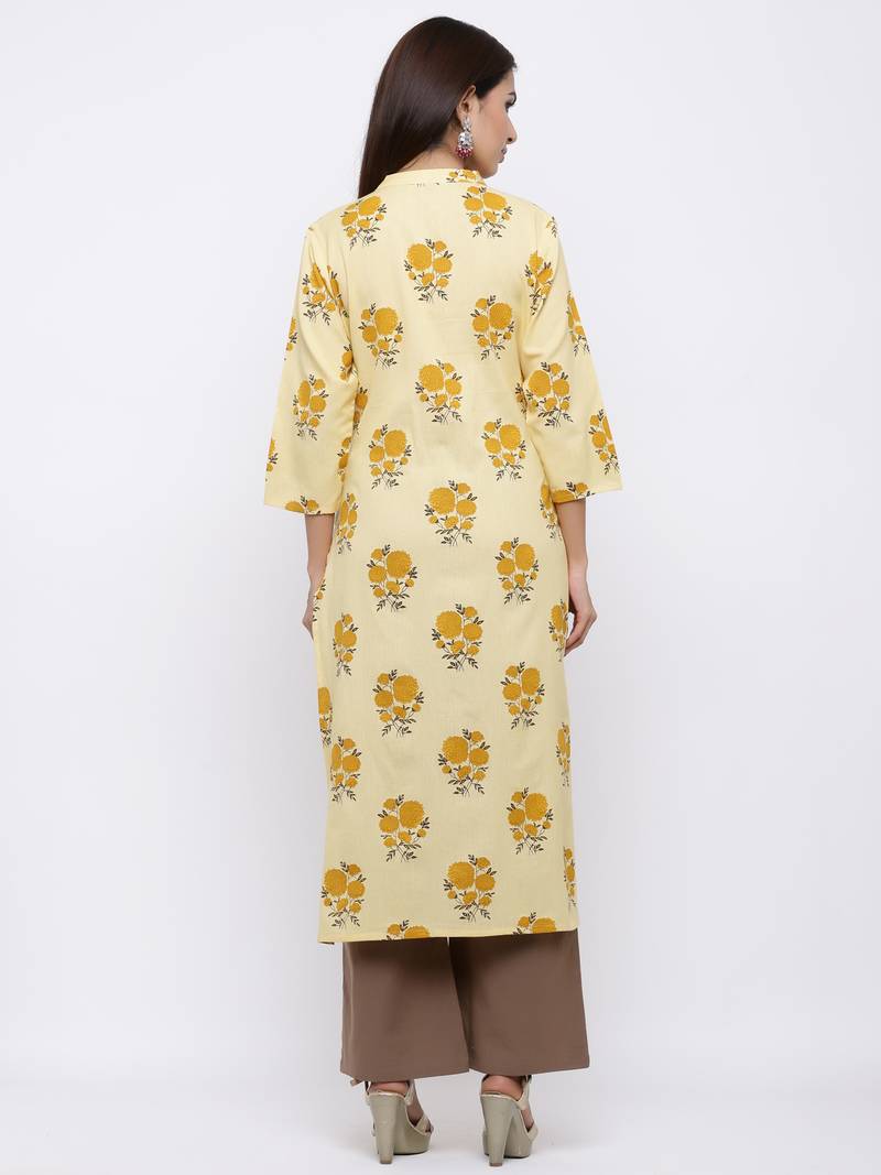 Women's Yellow  Cotton Floral Print Straight Kurta & Palazzo Set