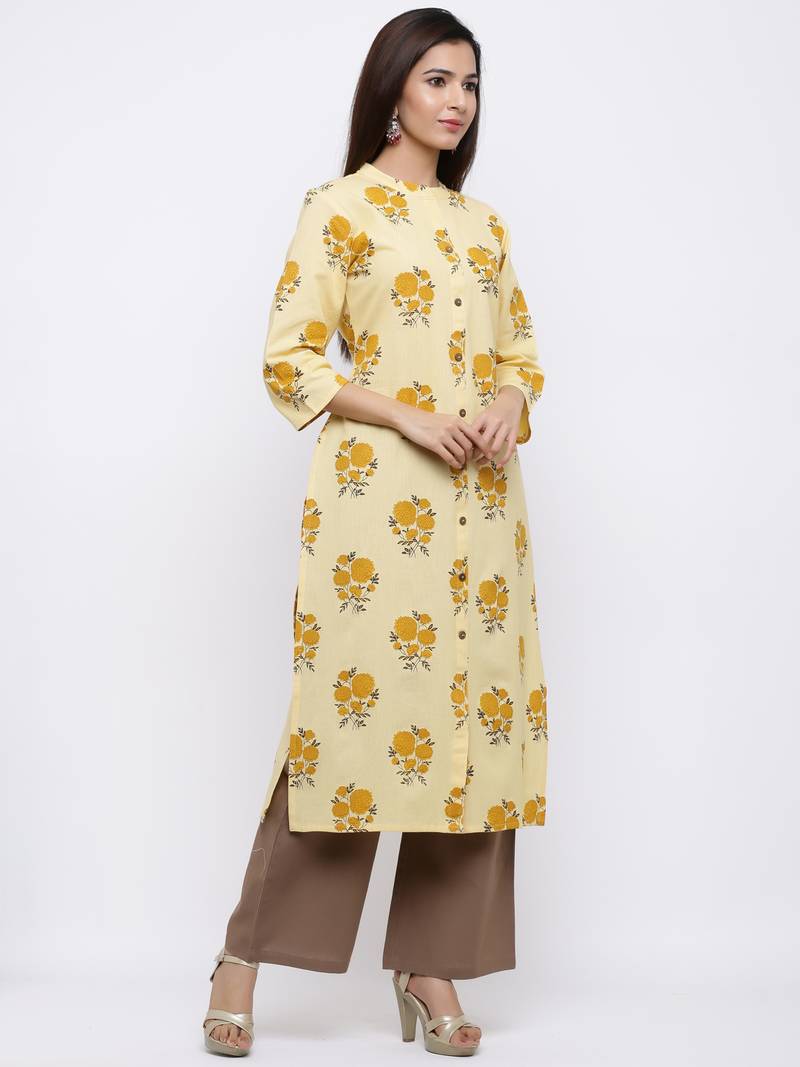 Women's Yellow  Cotton Floral Print Straight Kurta & Palazzo Set