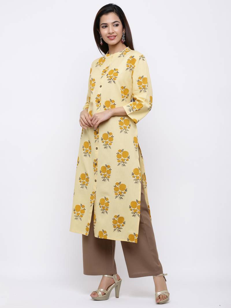 Women's Yellow  Cotton Floral Print Straight Kurta & Palazzo Set