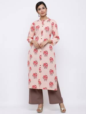 Women's Peach  Cotton Floral Print Straight Kurta & Palazzo Set 1