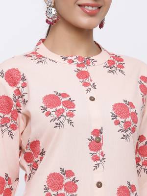Women's Peach  Cotton Floral Print Straight Kurta & Palazzo Set 2