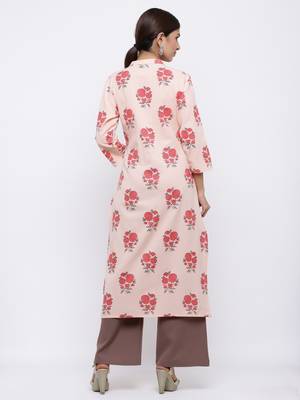 Women's Peach  Cotton Floral Print Straight Kurta & Palazzo Set 3