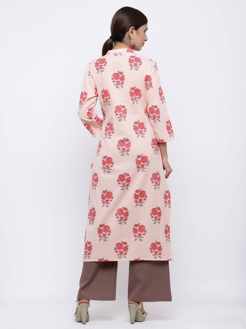 Women's Peach  Cotton Floral Print Straight Kurta & Palazzo Set