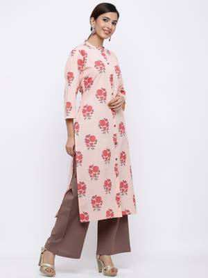 Women's Peach  Cotton Floral Print Straight Kurta & Palazzo Set 4
