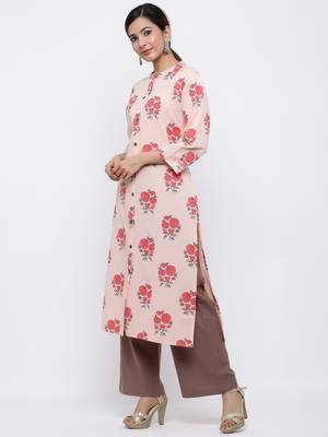 Women's Peach  Cotton Floral Print Straight Kurta & Palazzo Set 5