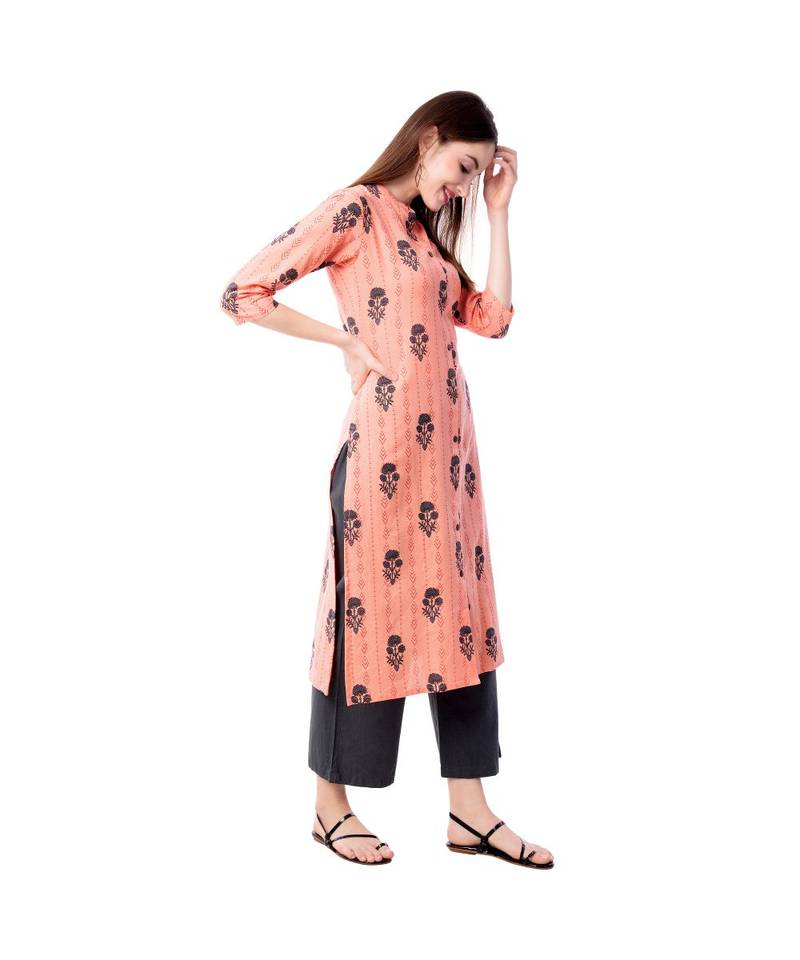 Women's Peach  Cotton Flex Floral Print Straight Kurta & Palazzo Set