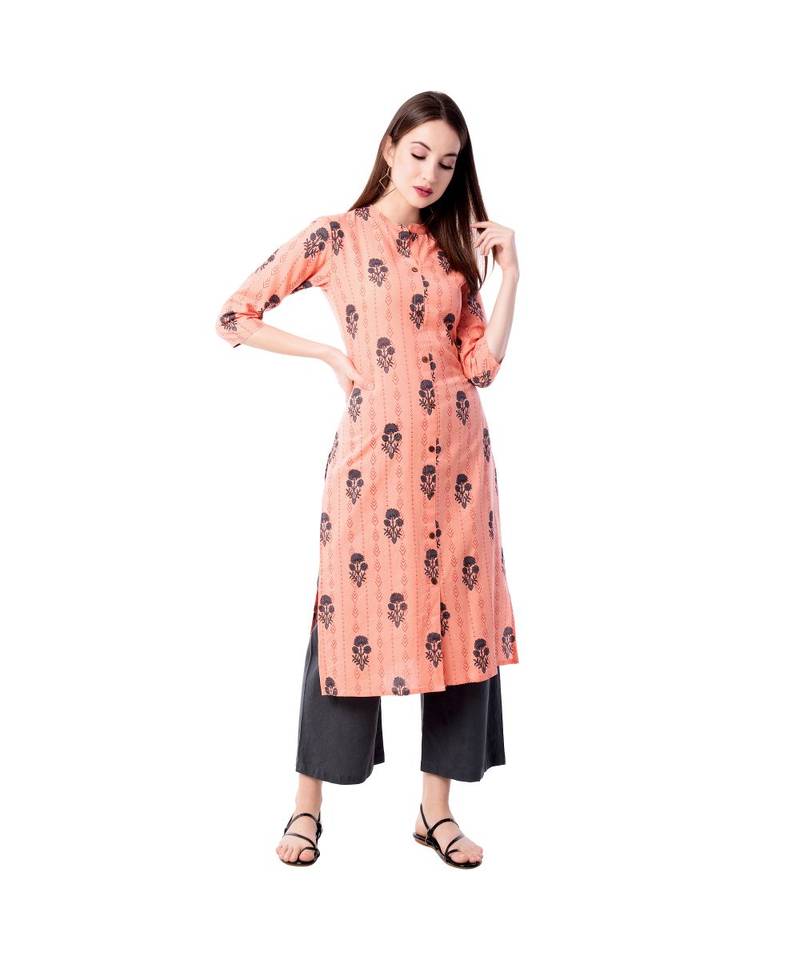 Women's Peach  Cotton Flex Floral Print Straight Kurta & Palazzo Set