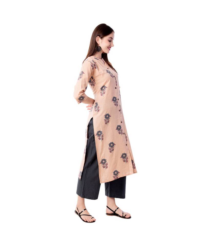 Women's Light Peach  Cotton Flex Floral Print Straight Kurta & Palazzo Set