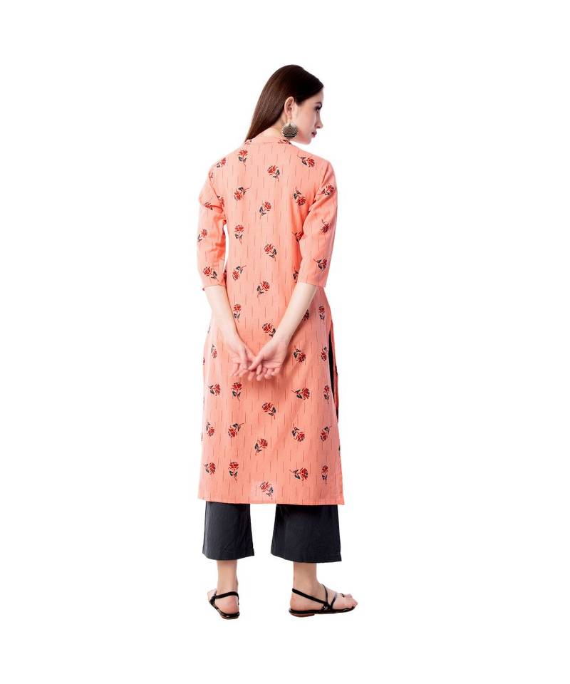 Women's Peach  Cotton Flex Floral Print Straight Kurta & Palazzo Set