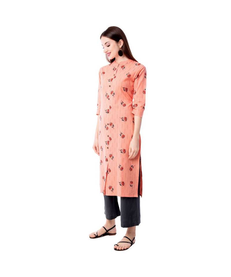 Women's Peach  Cotton Flex Floral Print Straight Kurta & Palazzo Set