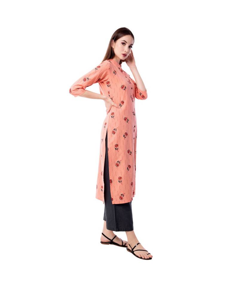 Women's Peach  Cotton Flex Floral Print Straight Kurta & Palazzo Set