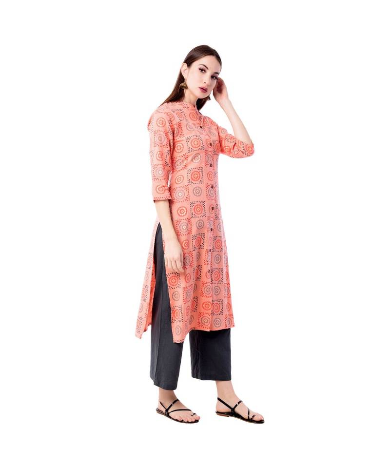 Women's Peach  Cotton Flex Bandhej Print Straight Kurta & Palazzo Set