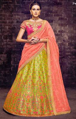 Mehandi Coloured Dupion Silk Embroidered Lehenga Choli With Dupatta 4