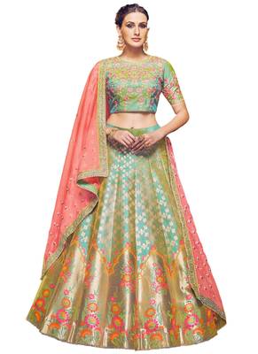 Green Coloured Dupion Silk Embroidered Lehenga Choli With Dupatta 1