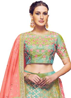 Green Coloured Dupion Silk Embroidered Lehenga Choli With Dupatta 2