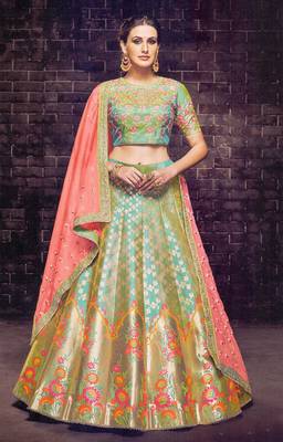 Green Coloured Dupion Silk Embroidered Lehenga Choli With Dupatta 4
