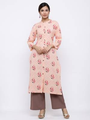 Women's Peach  Cotton Floral Print Straight Kurta & Palazzo Set 1