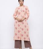Women's Peach  Cotton Floral Print Straight Kurta & Palazzo Set