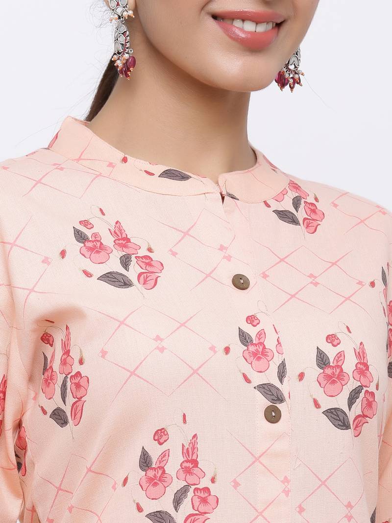 Women's Peach  Cotton Floral Print Straight Kurta & Palazzo Set