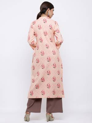 Women's Peach  Cotton Floral Print Straight Kurta & Palazzo Set 3