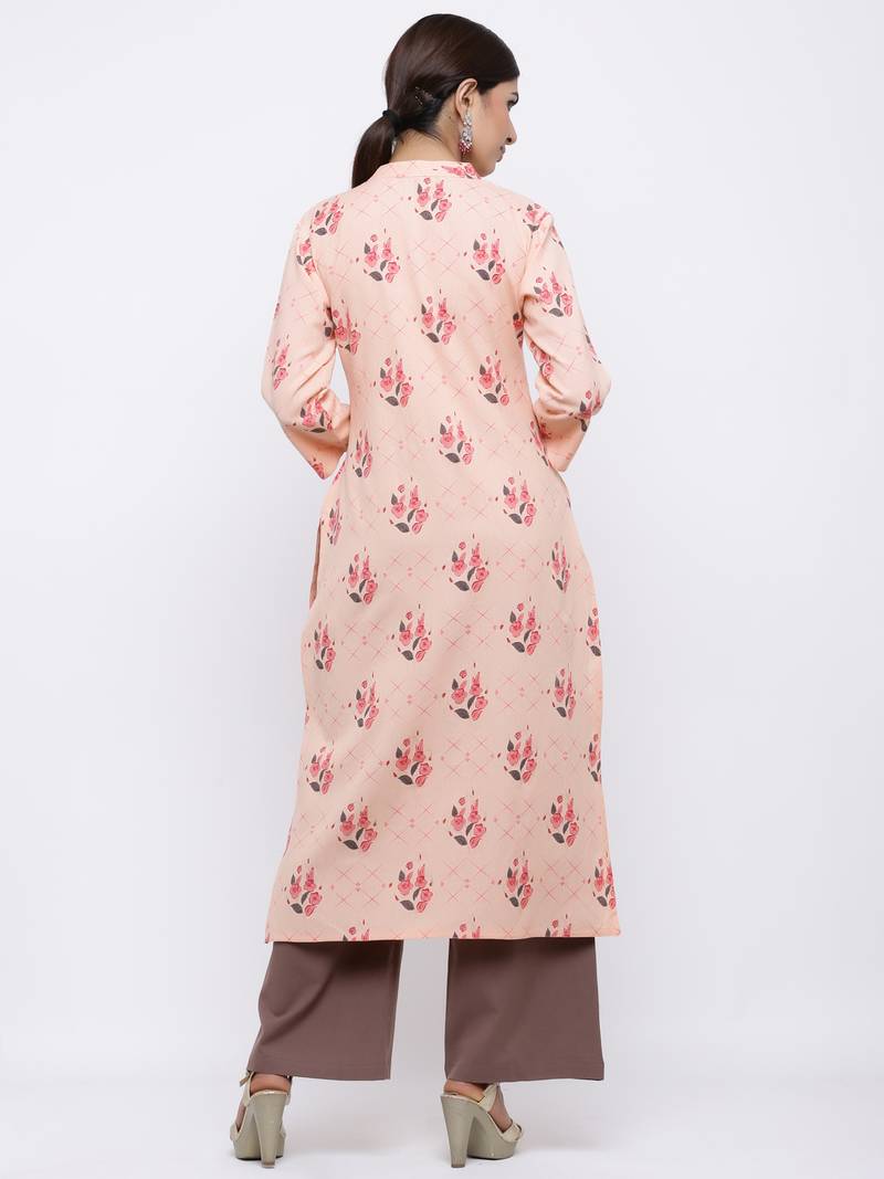 Women's Peach  Cotton Floral Print Straight Kurta & Palazzo Set