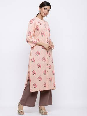 Women's Peach  Cotton Floral Print Straight Kurta & Palazzo Set 5