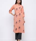 Women's Peach  Cotton Floral Print Straight Kurta & Palazzo Set