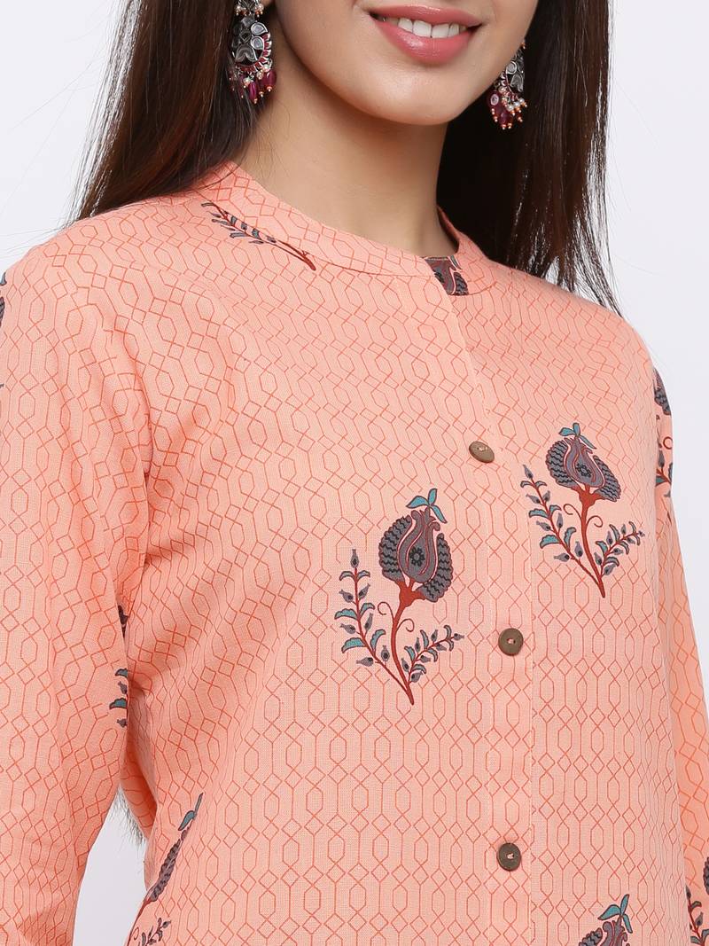 Women's Peach  Cotton Floral Print Straight Kurta & Palazzo Set