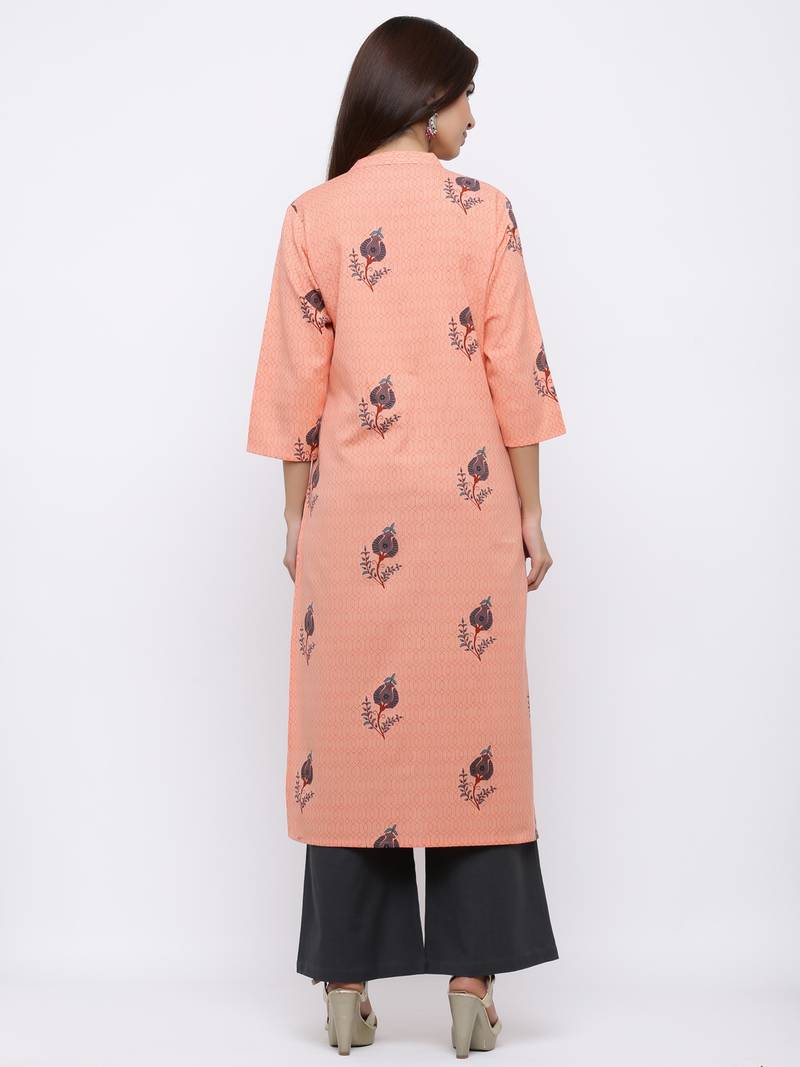 Women's Peach  Cotton Floral Print Straight Kurta & Palazzo Set