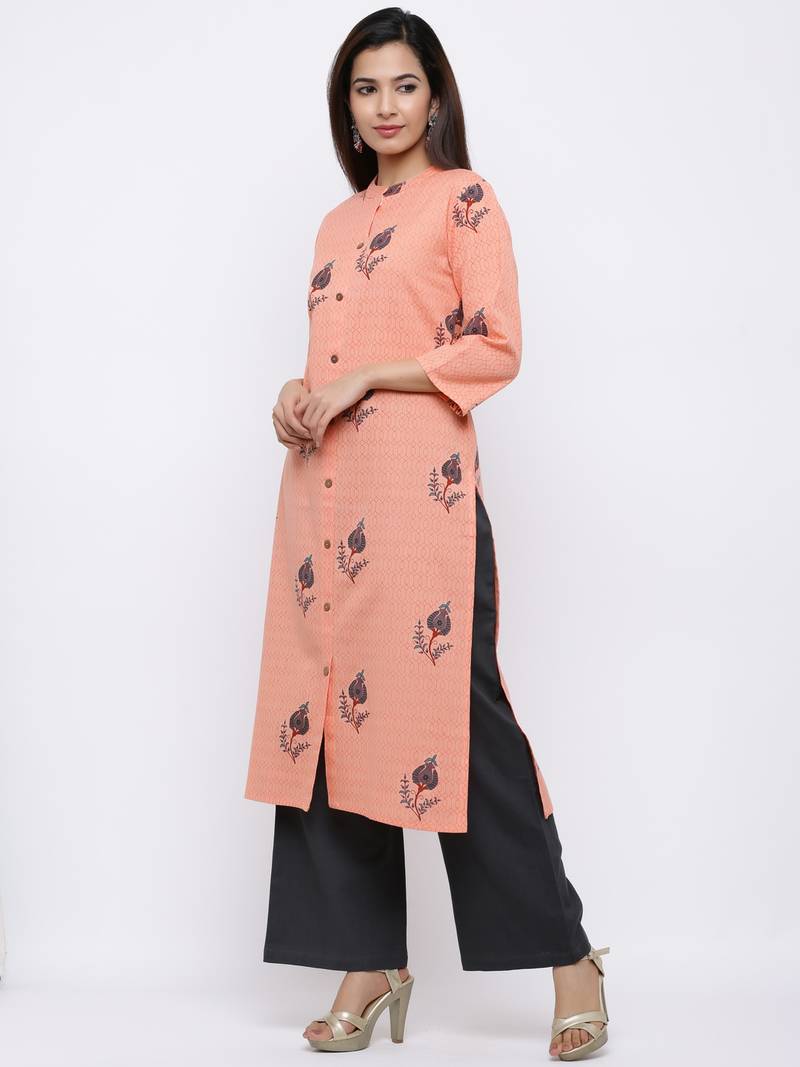 Women's Peach  Cotton Floral Print Straight Kurta & Palazzo Set